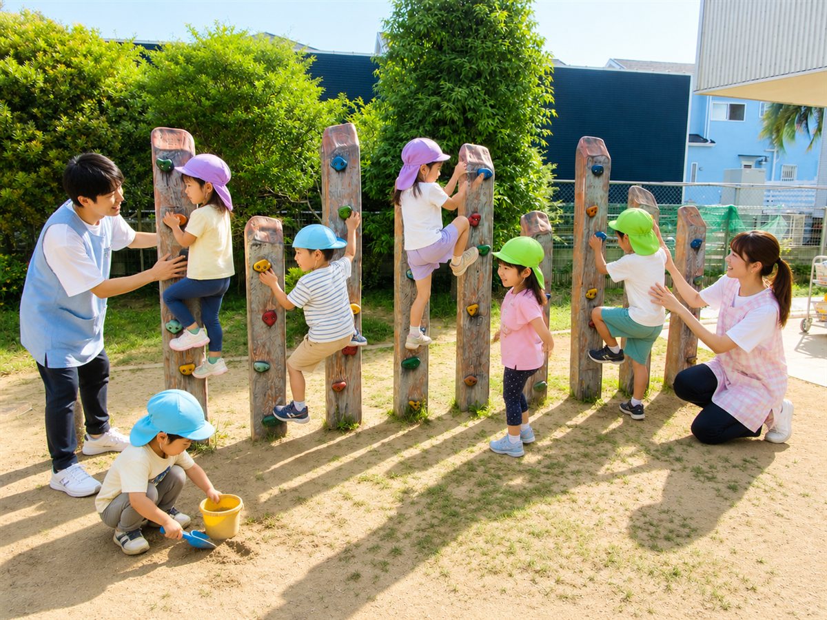 第二園庭のクライミング遊具に登る幼児たちと、両側で支える保育士。