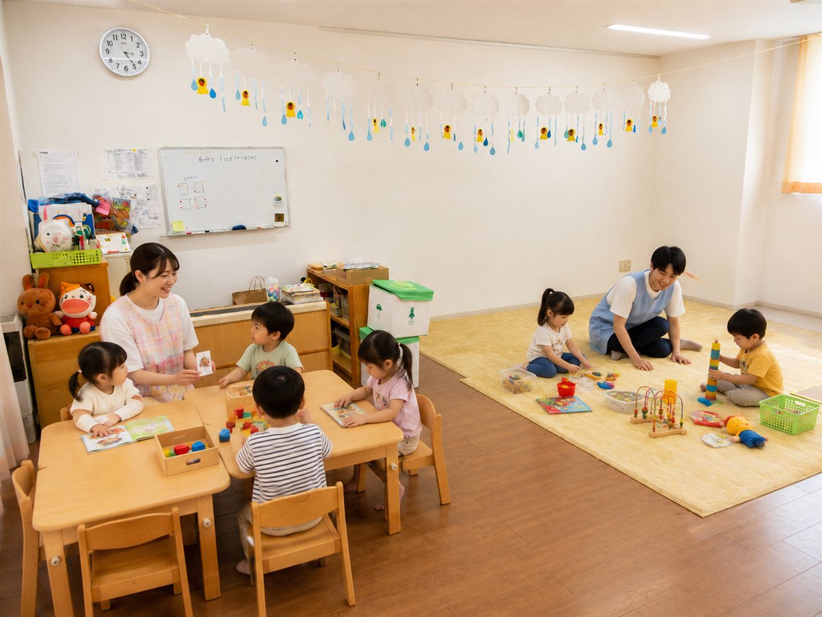 こあら組の保育室。机で絵本や積み木を楽しむ子どもたちと、床のマットで遊ぶ子どもたちに保育士が寄り添っている。